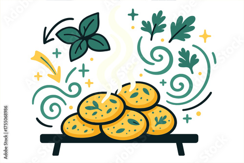 Herb Cookies Delight. Baking aroma. Glowing herb cookies steaming on a table, abstract floating herbs and light swirls emphasizing flavor and freshness. Modern