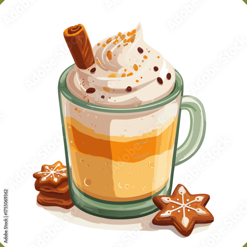 Vector illustration of festive glass of eggnog with whipped cream, cinnamon stick and gingerbread cookies, isolated on a white background. Vector illustration of winter beverage on white background