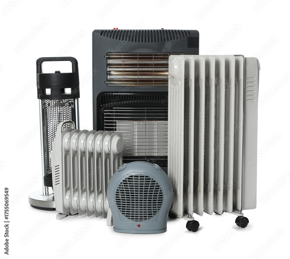 Fototapeta premium Different types of electric heaters isolated on white
