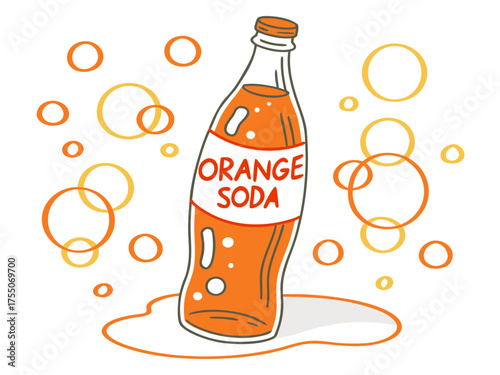 Orange soda bottle with bubbles and splash of fizzy drink on white background. Refreshing orange soda adds joy and flavor to occasions, perfect for parties and celebrations.