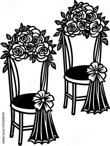 Wedding chair decor with elegant floral arrangements and soft draping ribbons on seats. Charming wedding chair decor features vibrant flowers and delicate bows for romantic settings.