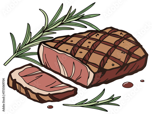Beef steak with rosemary and grilled texture on white background. Beef steak cut shows juicy interior, complemented by aromatic rosemary sprigs. 