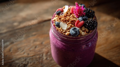   detailed image of a smoothie in a mason jar with fruit and granola on top