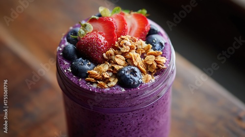   A refreshing smoothie featuring strawberries, blueberries, and granola served in a glass atop a wooden table