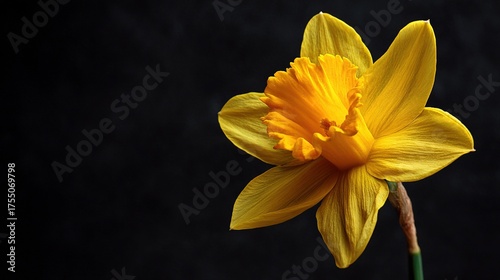  A yellow daffodil on a dark background with an elongated stem, positioned centrally within the image