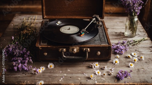   Record player perched atop wooden table adjacent to vase brimming purple & white daisies