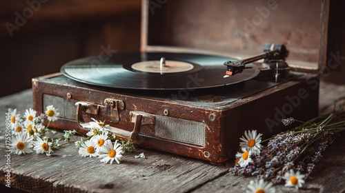   An antique record player atop a wooden table, surrounded by daisies