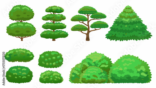 Cartoon green summer bushes. Garden plants. Shrubbery tree different shapes. Eco decorative landscape elements. Hedge with branches and foliage leaves. Natural shrubs. Splendid vector set stock illust