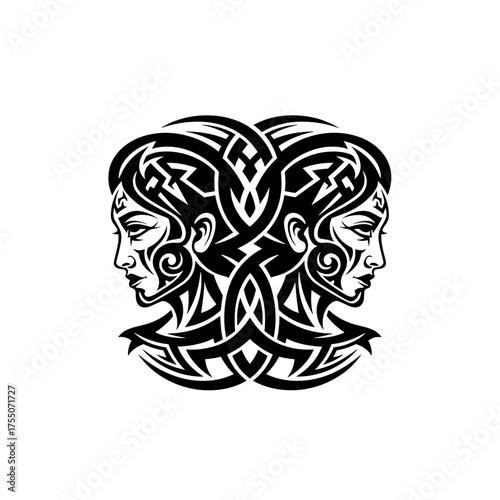 Mystical tribal tattoo design featuring two elegant woman faces, a powerful symbol of duality and connection for branding or creative projects