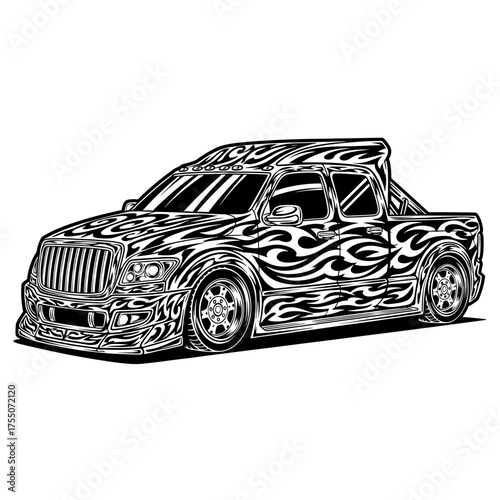 Striking tribal-art-inspired truck illustration in monochrome, perfect for edgy designs, custom vehicle graphics, and automotive artistry projects