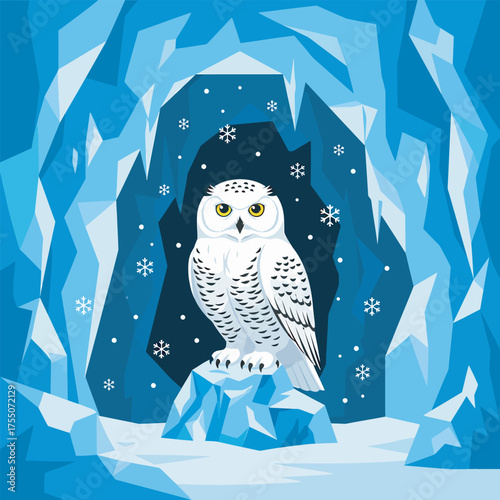 Snowy Owl Standing Inside a Blue and White Ice Cave or Crystal Den Vector Illustration