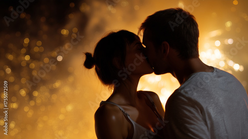 Couple kissing under fireworks, romantic New Year 2026 moment, night sky glow, confetti, warm embrace, cinematic love scene, festive background, passion, golden tones, emotion