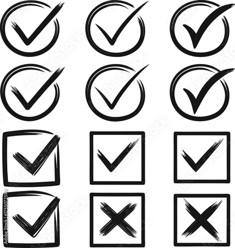Hand drawn check cross icons mark symbol vector