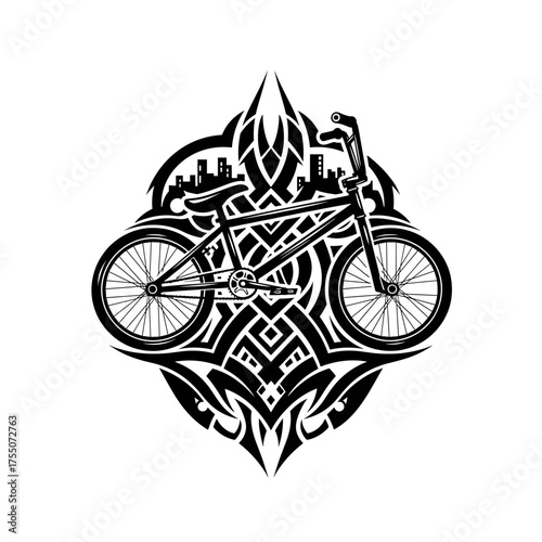 Dynamic BMX bike design with urban cityscape and tribal flair, perfect for edgy brand identity, vibrant street wear, and extreme sports marketing
