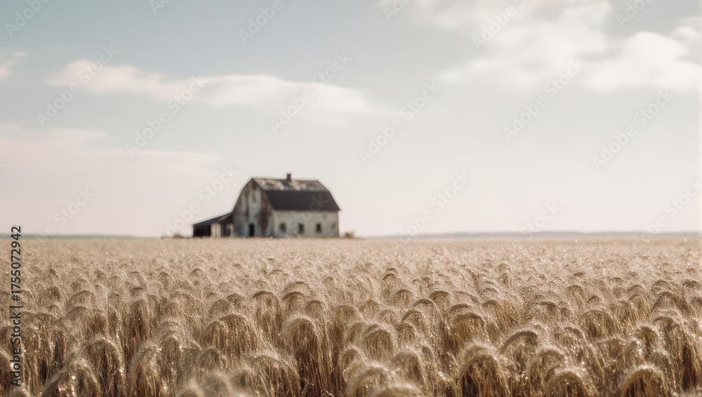 Fototapeta premium Wheat field in focus, faded building distant, under a bright, partly cloudy sky