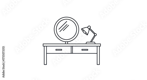 Simple Line Drawing of a Vanity Table with Mirror and Lamp.
