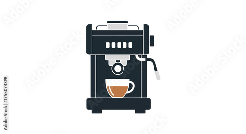 Espresso Machine with Cup of Coffee Black and Silver Design Flat Vector Illustration.