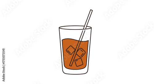 Refreshing Iced Tea Drink with Ice Cubes and Straw.