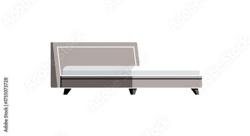 Contemporary gray bed with upholstered headboard and white mattress.