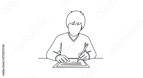 Person sitting at a desk writing with a pen on paper.