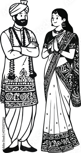 Vector and silhouette art illustration --Cultural Heritage of India – State-Wise Clothing  Art, Maharashtrian Couple with Detailed Motifs
