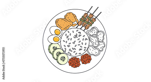 Hand-drawn illustration of a complete Indonesian Nasi Campur dish.