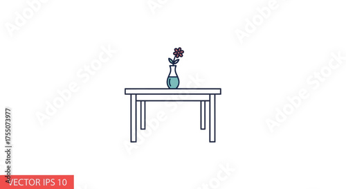 Simple line drawing of a rectangular table with a vase of a single flower.