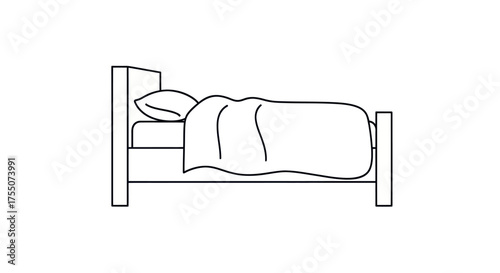 Simple Line Drawing of a Bed with Pillow and Blanket.