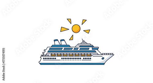 A white cruise ship with blue accents sails under a bright yellow sun.
