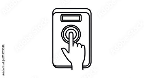 Hand pressing button on electronic device interface.