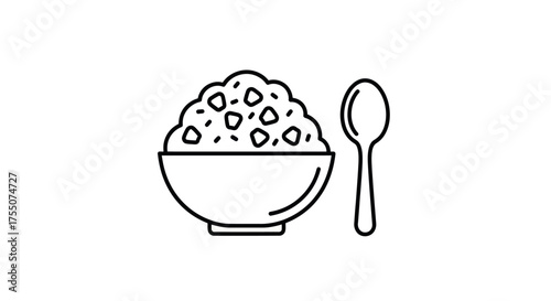 Simple line art illustration of a bowl of rice with a spoon.