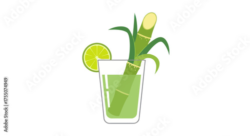 Refreshing Sugarcane Juice Drink with Lime and Stalk.