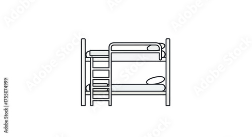 Simple Line Art Illustration of a Bunk Bed with Ladder and Pillows.