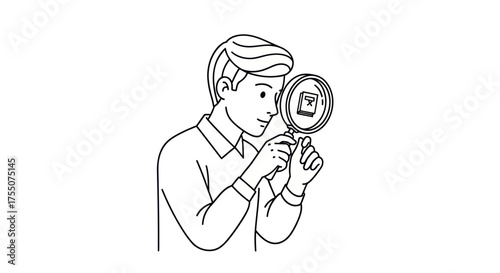 Man holding magnifying glass examining a book with a star symbol.