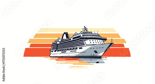 Large White Cruise Ship Sailing on Water with Vibrant Sunset Stripes Illustration.