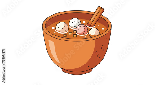 Cartoon illustration of a bowl of sweet soup with colorful tangyuan and a cinnamon stick.