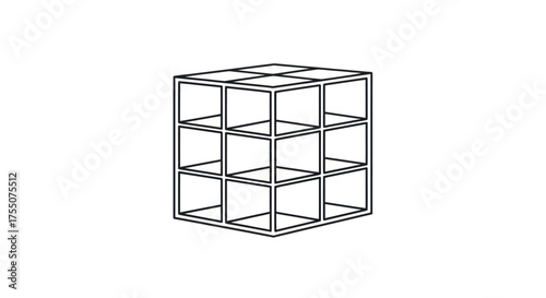 Geometric wireframe cube divided into a three-by-three grid structure a minimalist line art illustration.