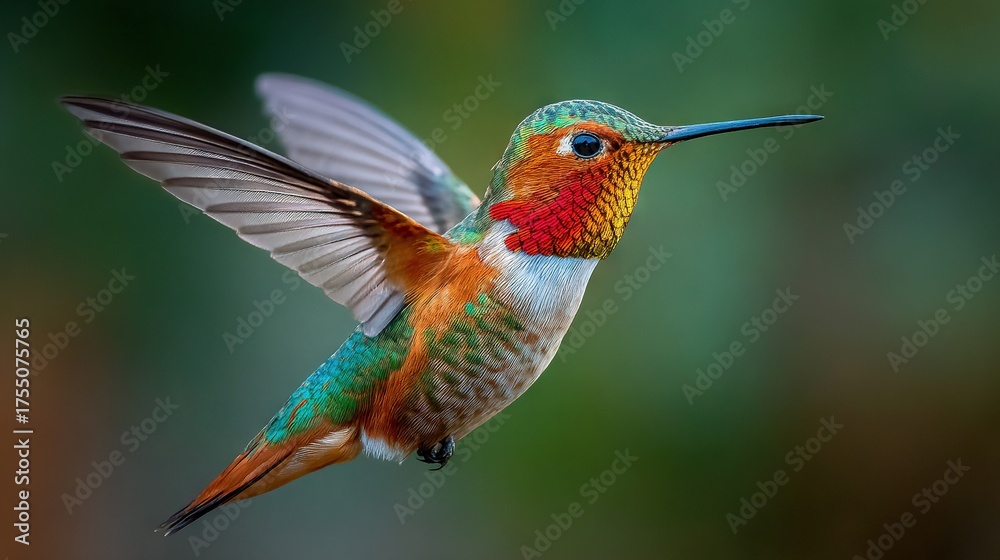 Fototapeta premium A vibrant hummingbird soars effortlessly with its outstretched wings and tilted head