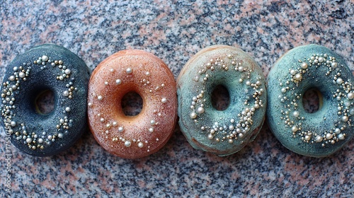   Three donuts adorned with sprinkles sit neatly in a row on the granite countertop