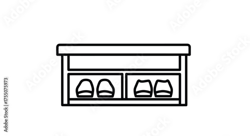 Simple black line art icon of an entryway shoe rack bench with two storage compartments.