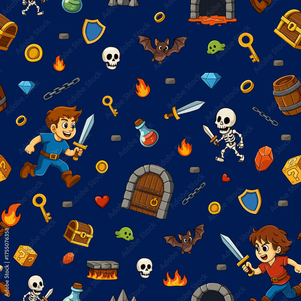 Fototapeta premium Retro Dungeon Adventure Seamless Pattern – Cute 90s Video Game Style with Heroes, Skeletons, Bats, and Treasures