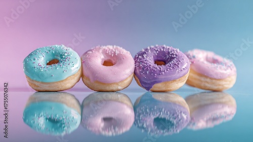   A row of glistening doughnuts adorned with frosting and colorful sprinkles, elegantly displayed on a polished surface