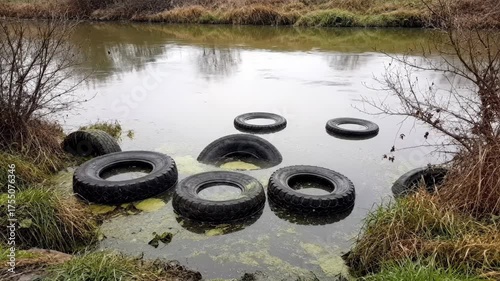 Discarded car tires polluting a murky river. Illegal dumping of waste in a natural water environment. Environmental damage and contamination concept