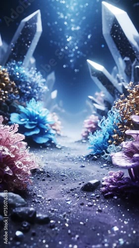 Mystical crystal formation in dark blue illuminated environment
