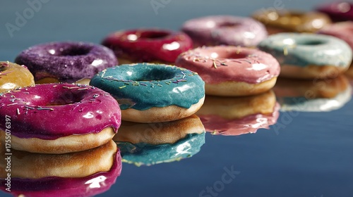   A row of sprinkled doughnuts sits on a table beside a mirror