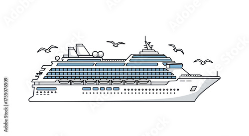 Cruise Ship Illustration with Birds Ocean Liner Passenger Vessel Sea Travel.