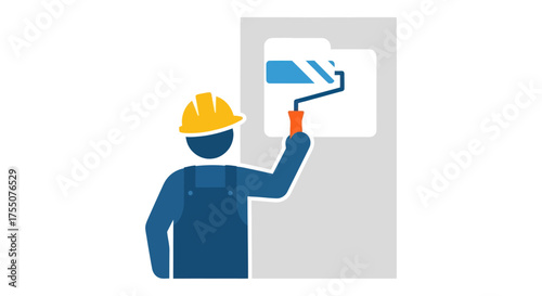 Construction worker painting a wall with a roller.