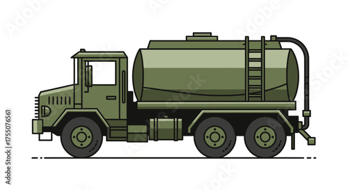 Olive Green Tanker Truck with Cylindrical Tank and Ladder.