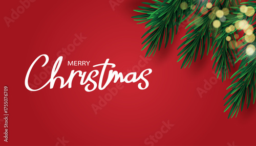 Christmas holiday background with tree branches, lights, and glitter decorations. Golden and red ornaments frame the corners. Festive banner with Christmas calligraphy. Vector illustration.