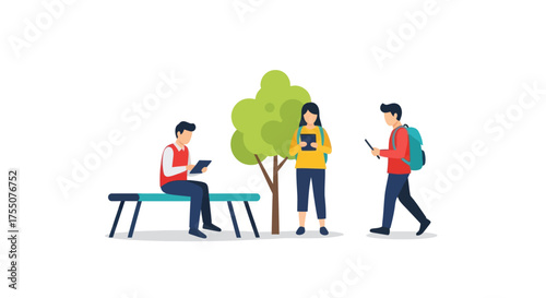 Students studying and walking in a park with a tree.